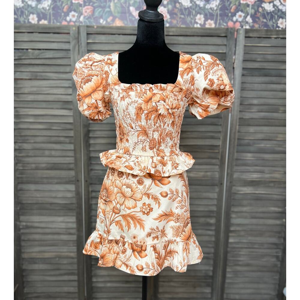 Vestique Flora Rust Floral Cotton Puff Sleeve Crop Top Mini Skirt Set L NWT - Picture 2 of 14